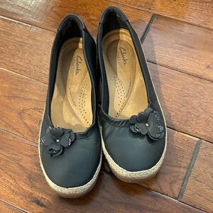 Clarks Black Espadrille Flats with Floral Detail